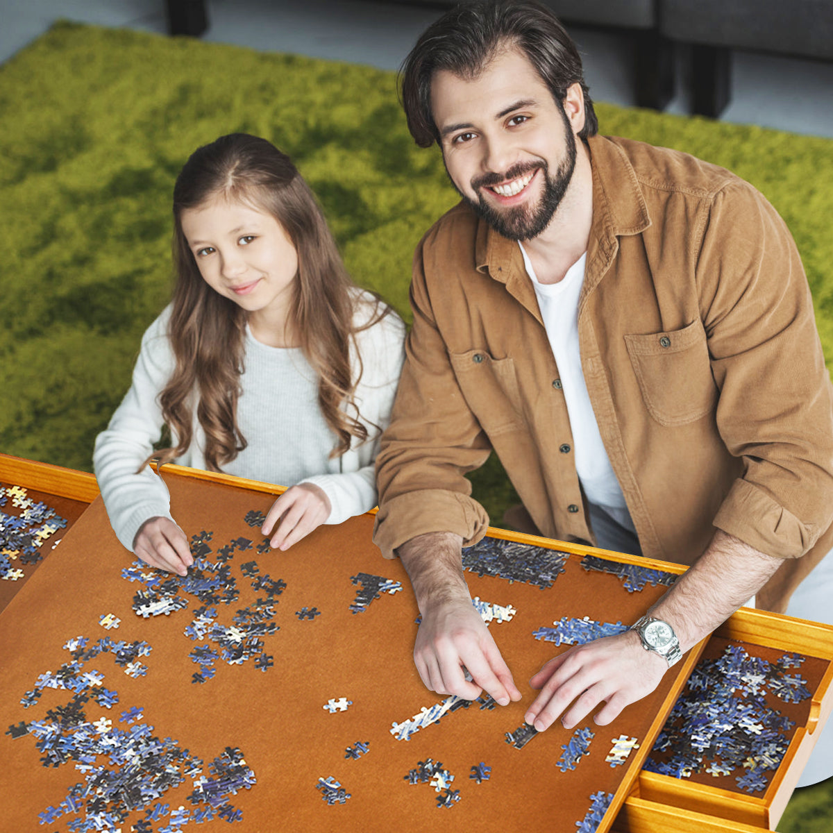 Wooden jigsaw puzzle table with 4 drawers ideal for kids creative play and storage.