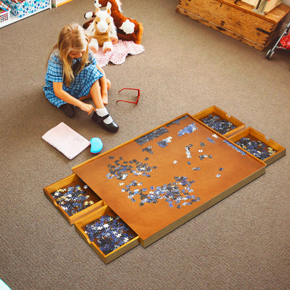 Kids wooden jigsaw puzzle table with 4 drawers, perfect for fun and organized play.