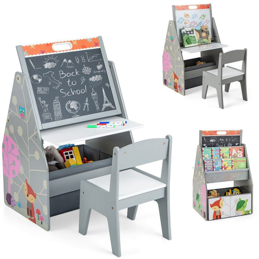 Woodland animal-themed kids art easel and chair set with storage for creative play at home.