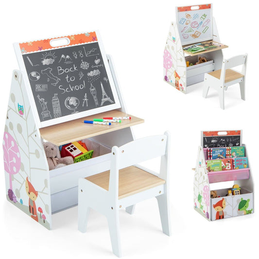 Kids woodland animal-themed easel and chair set, perfect for creative play at home.