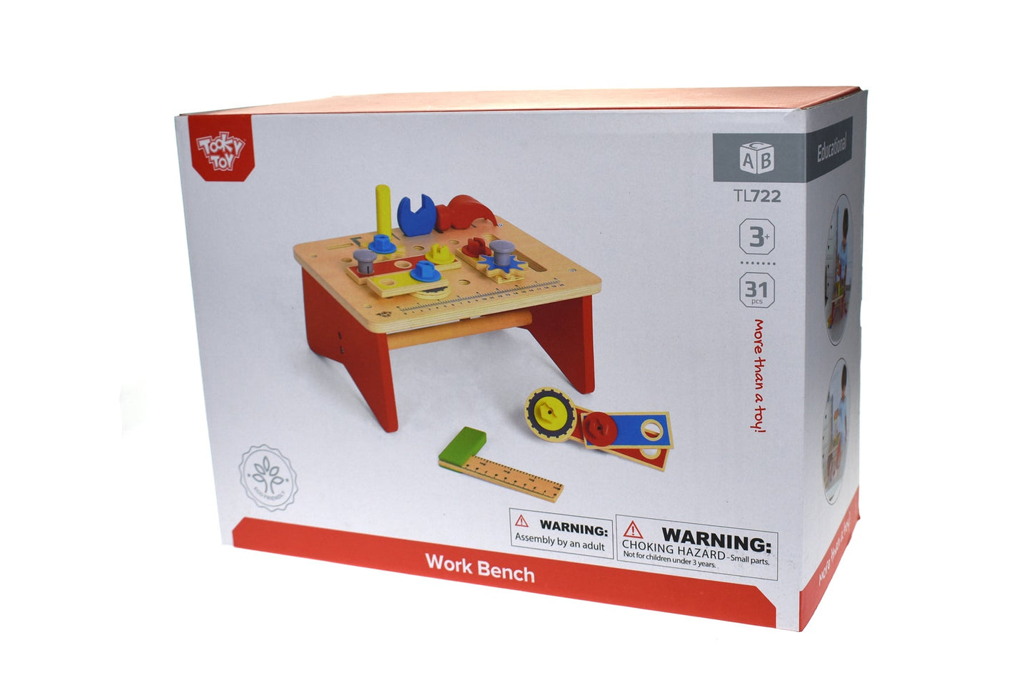 Kids work bench with tools for imaginative play and skill development at home.