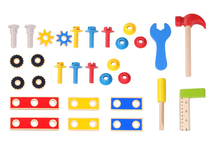 Kids work bench with toy tools for imaginative play and skill development at home.