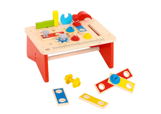 Kids work bench for imaginative play, featuring tool set for creative DIY projects at home.