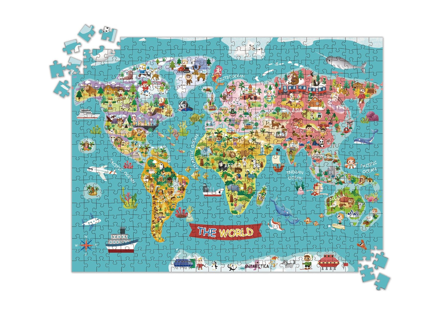 Colorful 500-piece jigsaw puzzle featuring a world map, perfect for kids educational playtime.