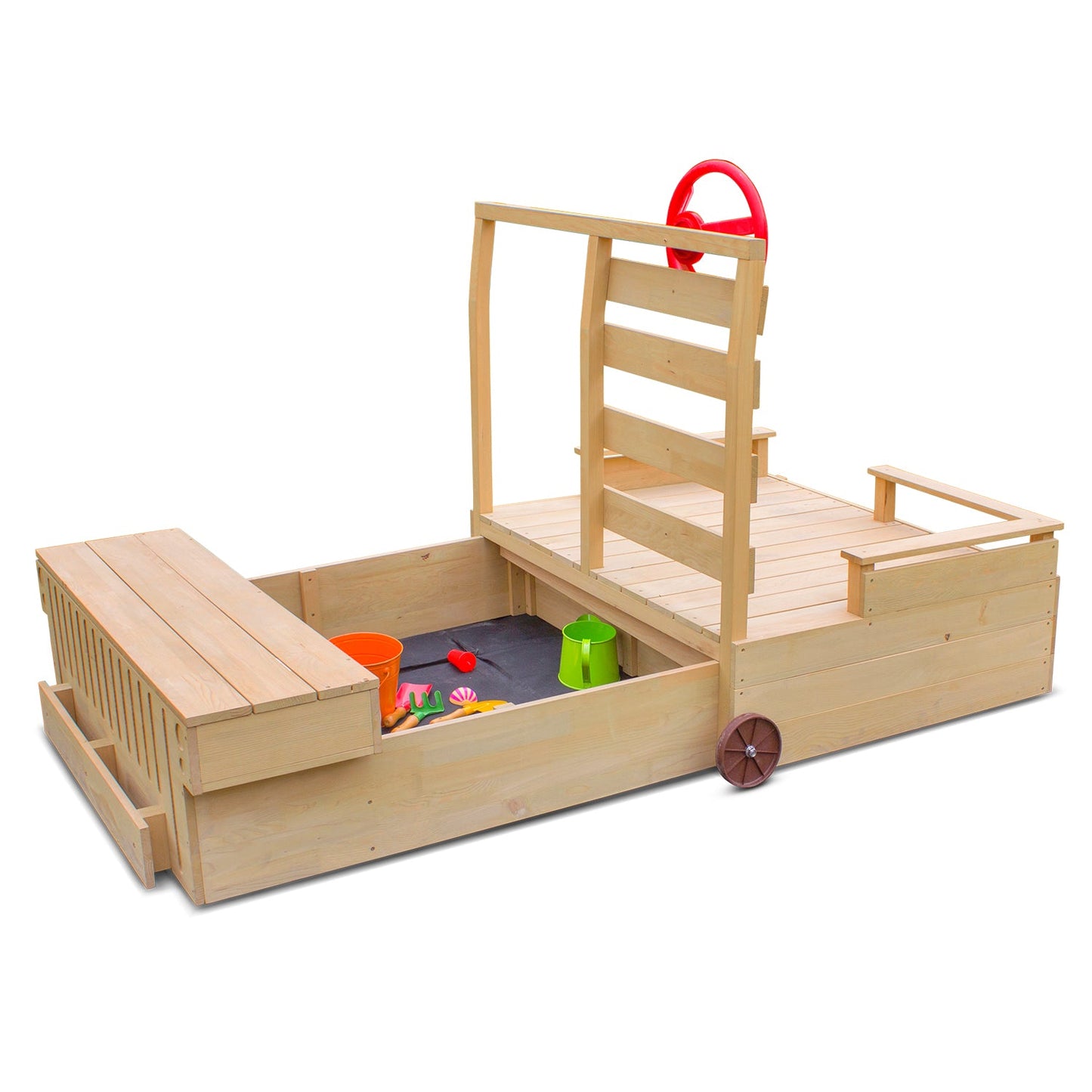 Kids retractable sandpit with steering wheel, promoting imaginative play and outdoor fun in backyard.