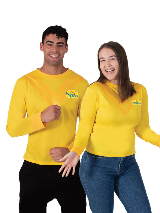 The Wiggles yellow adult costume top, officially licensed, perfect for childrens dress-up at home.