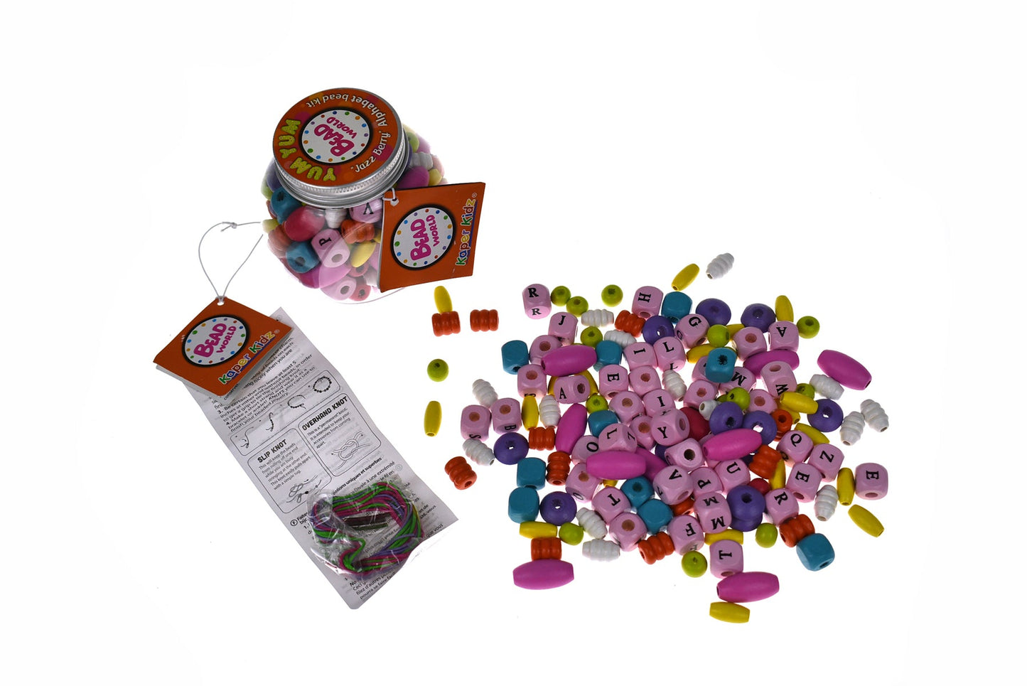 Colorful alphabet bead jewelry craft kit for kids, promoting creativity and fine motor skills.