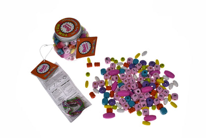 Colorful alphabet bead jewelry craft kit for kids, promoting creativity and fine motor skills.