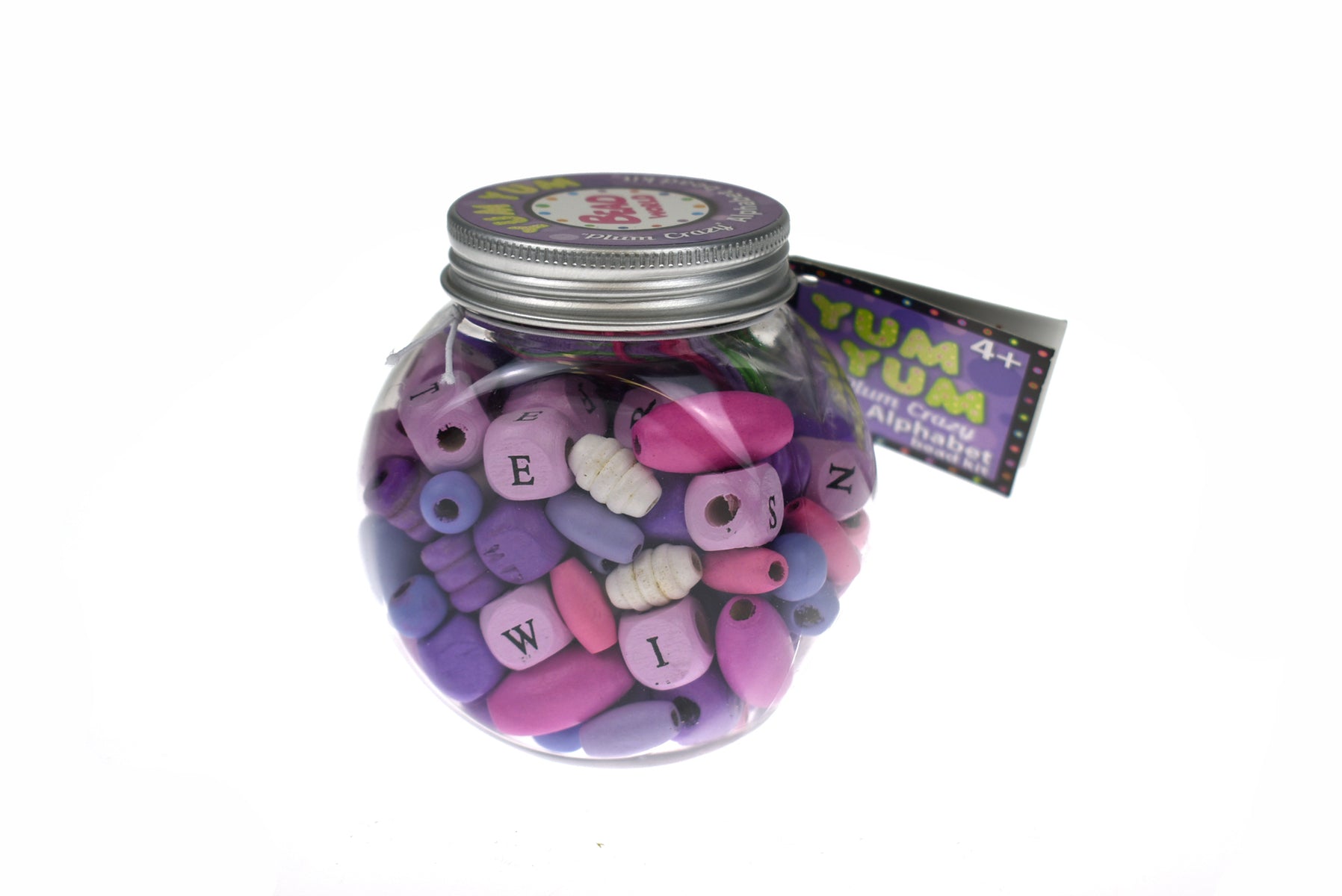 Colorful alphabet bead jewelry craft kit for kids, featuring purple plum beads by Kaper Kidz.