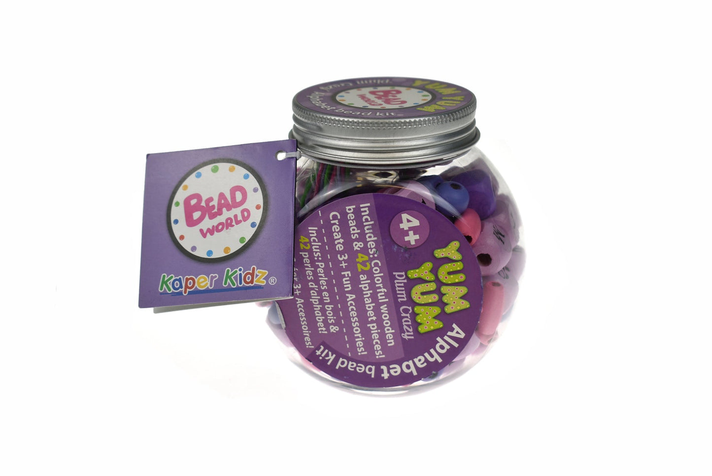 Colorful alphabet bead jewelry craft kit for kids, in purple plum hues, by Kaper Kidz.