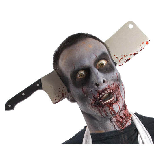 Zombie cleaver headband for kids Halloween costume, blood-stained design, spooky accessory for dress-up.