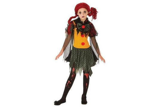 Zombie girl clown Halloween costume for kids, perfect for spooky dress-up fun at home.