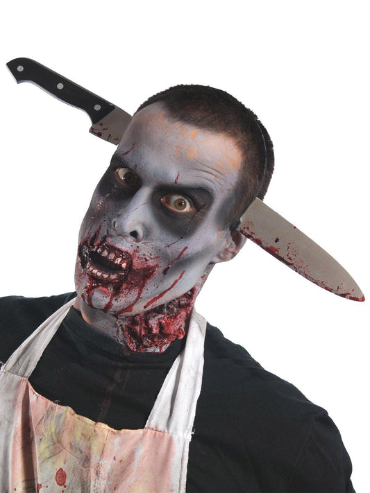 Zombie kitchen knife headband prop for spooky Halloween costumes, perfect for kid-friendly home décor.