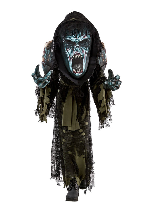 Kids Spooky Zombie Costume Set with 3D Mask and Gloves for Halloween fun.