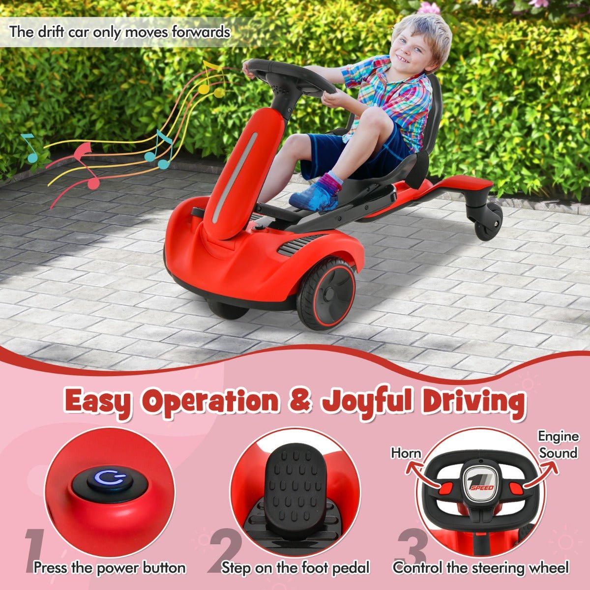 Zoomy Drift Racer - Kids Electric Ride On Car Red - Kids Mega Mart